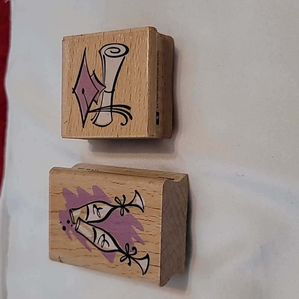 SET OF 2 Champagne Glasses AND Graduation Cap And Diploma Wooden Rubber Stamp